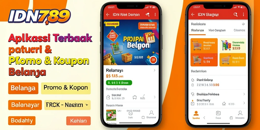 Antarmuka aplikasi IDN789 menampilkan berbagai kupon belanja menarik.