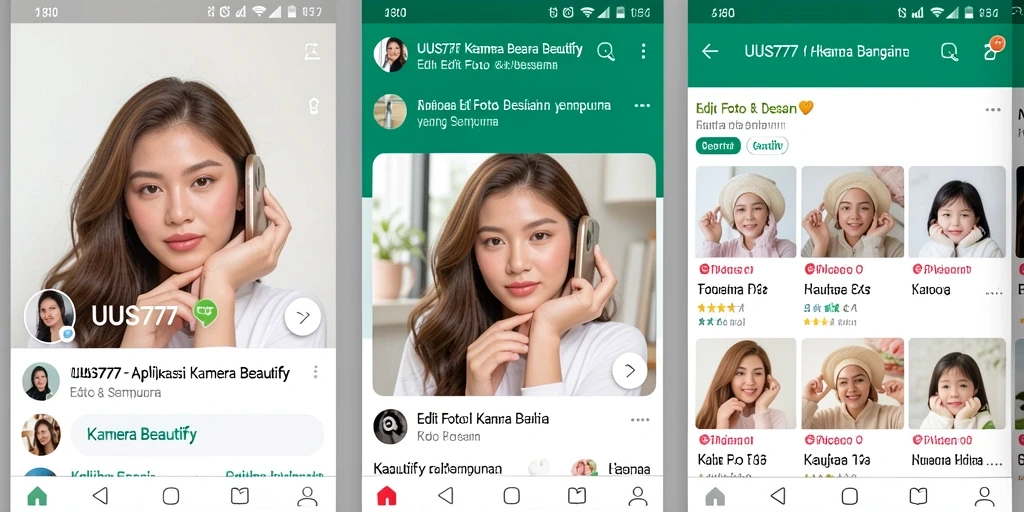 Antarmuka aplikasi UUS777 dengan fitur Kamera Beautify yang menarik.